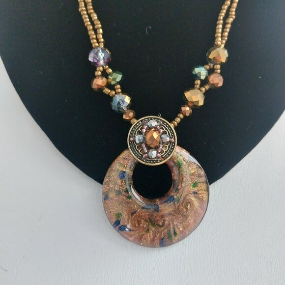 Boho Artisan Glass Pendant Necklace Bronze Beaded Statement Jewelry Maximalism - Picture 8 of 11